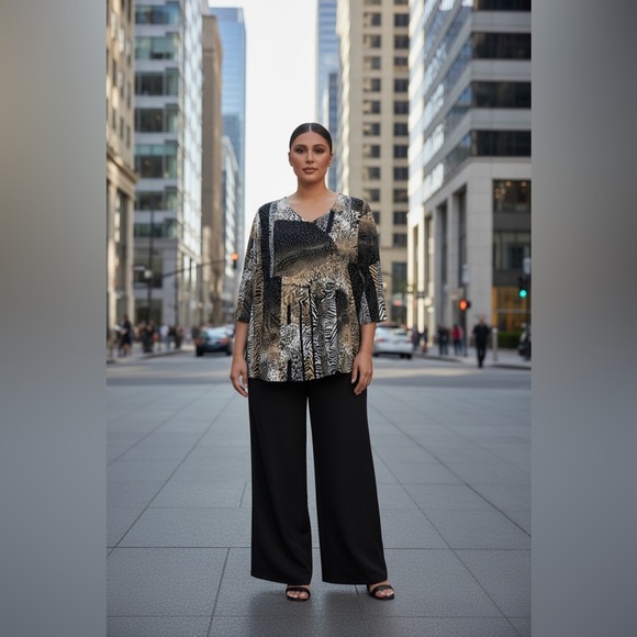 NWOT, Claire France, Plus-Size Animal Print Blouse, 2X, Black, Tan, White - Picture 1 of 9